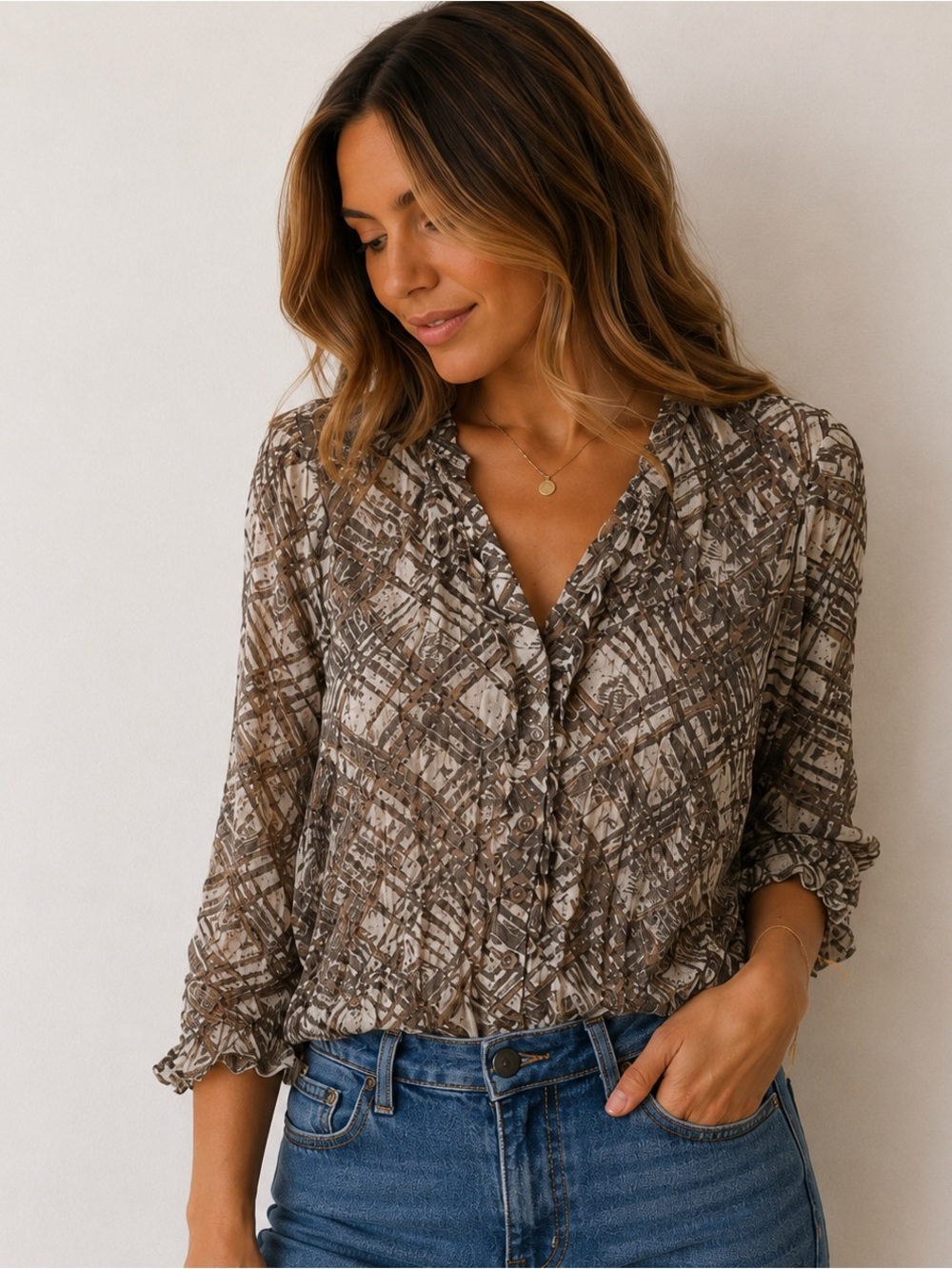 Reitmans Brown and Cream Abstract Button-Front Blouse brown beige woman Medium